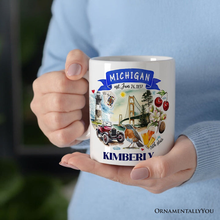 Artistic Michigan State Themes and Landmarks Personalized Mug With Custom Name Personalized Ceramic Mug OrnamentallyYou