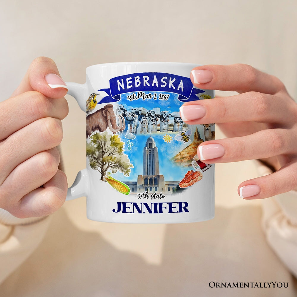 Artistic Nebraska State Themes and Landmarks Personalized Mug With Custom Name Personalized Ceramic Mug OrnamentallyYou