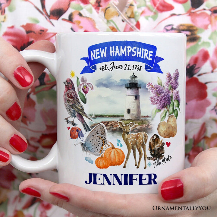 Artistic New Hampshire State Themes and Landmarks Personalized Mug With Custom Name Personalized Ceramic Mug OrnamentallyYou