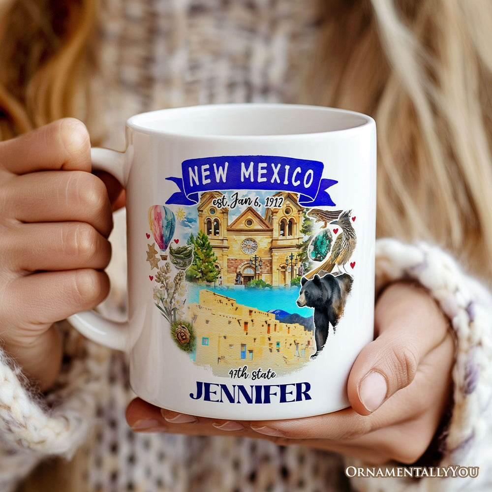 Artistic New Mexico State Themes and Landmarks Personalized Mug With Custom Name Personalized Ceramic Mug OrnamentallyYou