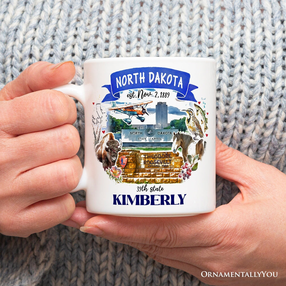 Artistic North Dakota State Themes and Landmarks Personalized Mug With Custom Name Personalized Ceramic Mug OrnamentallyYou