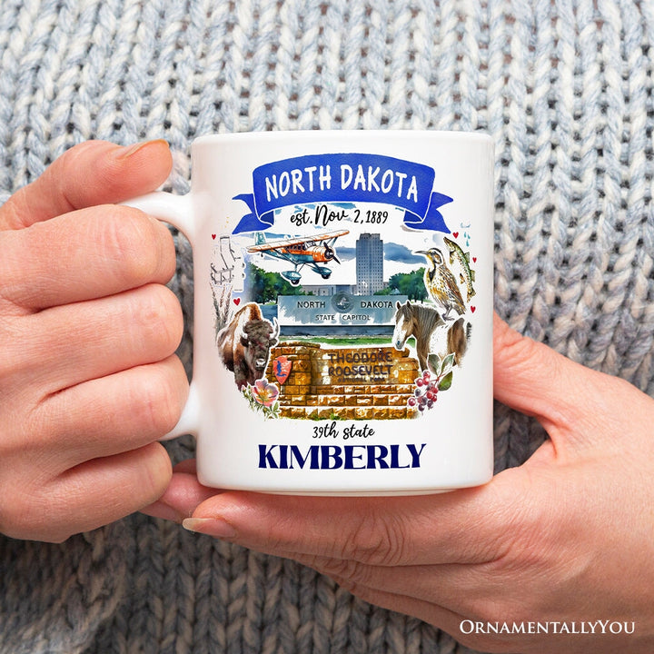 Artistic North Dakota State Themes and Landmarks Personalized Mug With Custom Name Personalized Ceramic Mug OrnamentallyYou