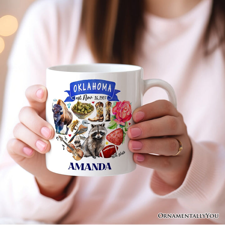 Artistic Oklahoma State Themes and Landmarks Personalized Mug With Custom Name Personalized Ceramic Mug OrnamentallyYou