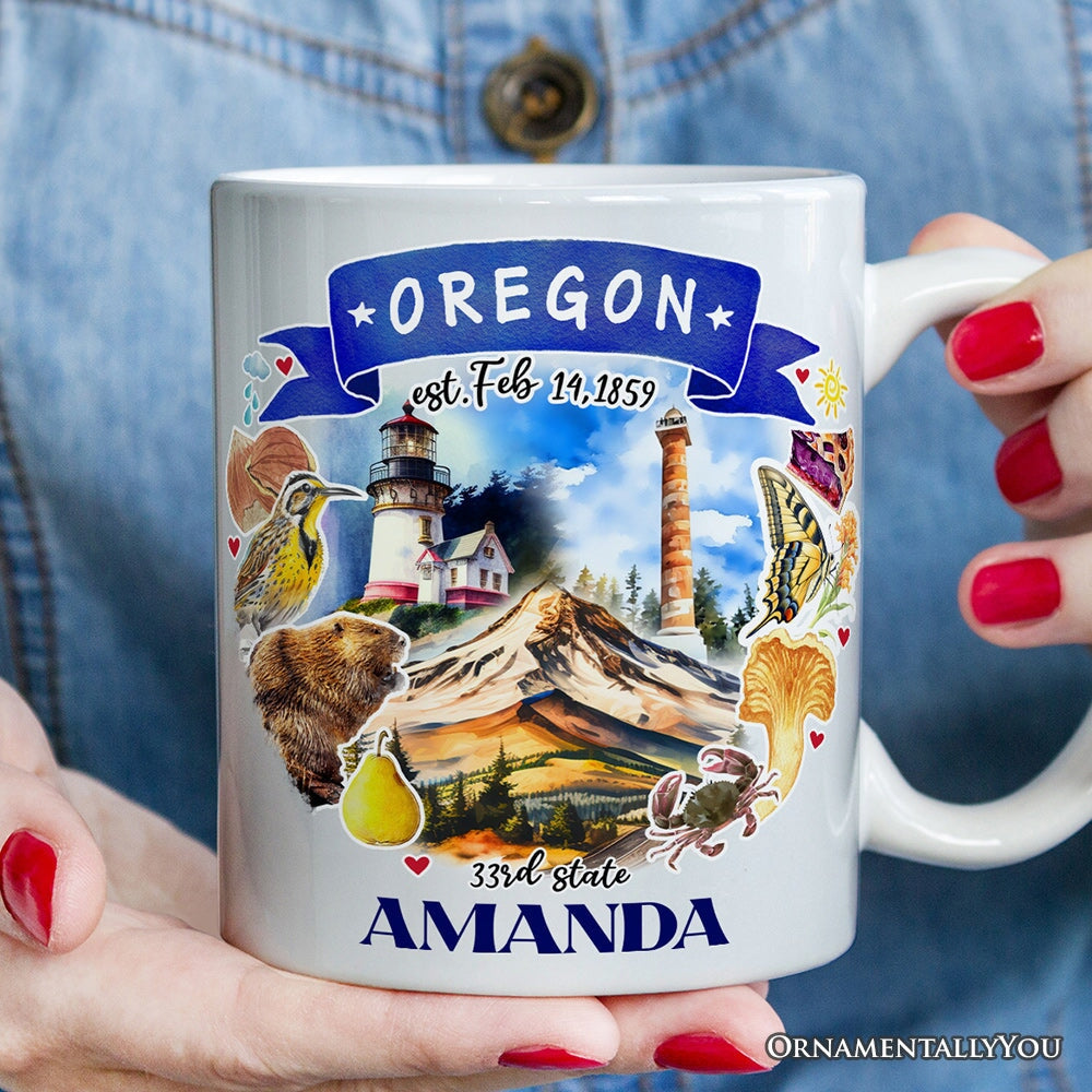 Artistic Oregon State Themes and Landmarks Personalized Mug With Custom Name Personalized Ceramic Mug OrnamentallyYou