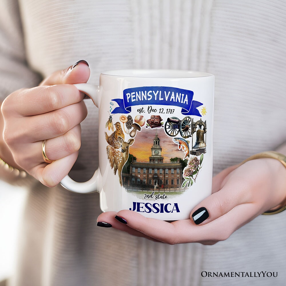 Artistic Pennsylvania State Themes and Landmarks Personalized Mug With Custom Name Personalized Ceramic Mug OrnamentallyYou