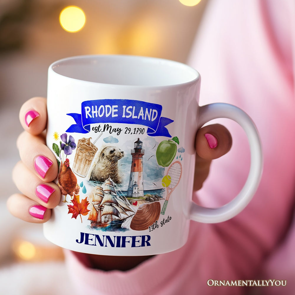 Artistic Rhode Island State Themes and Landmarks Personalized Mug With Custom Name Personalized Ceramic Mug OrnamentallyYou