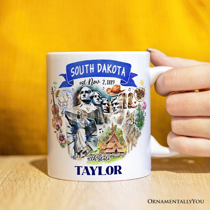 Artistic South Dakota State Themes and Landmarks Personalized Mug With Custom Name Personalized Ceramic Mug OrnamentallyYou