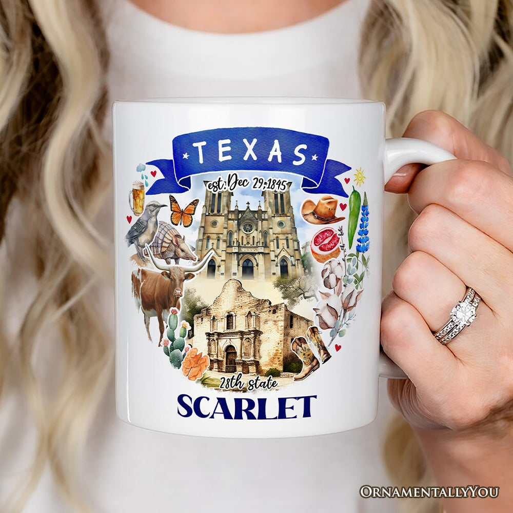 Artistic Texas State Themes and Landmarks Personalized Mug With Custom Name Personalized Ceramic Mug OrnamentallyYou