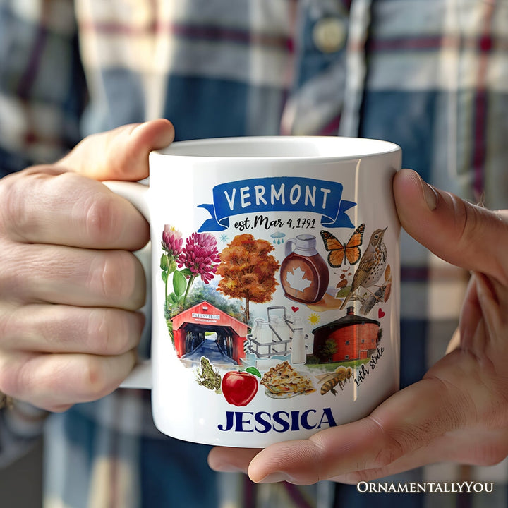 Artistic Vermont State Themes and Landmarks Personalized Mug With Custom Name Personalized Ceramic Mug OrnamentallyYou