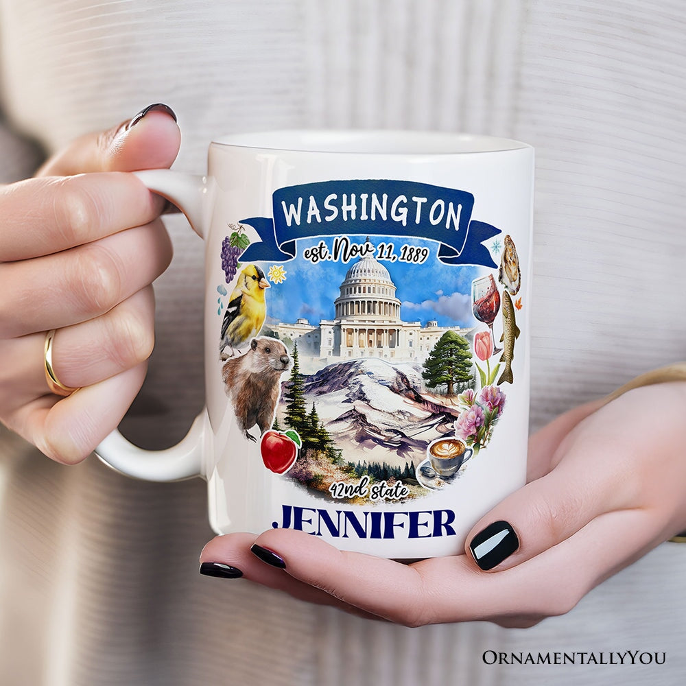 Artistic Washington State Themes and Landmarks Personalized Mug With Custom Name Personalized Ceramic Mug OrnamentallyYou