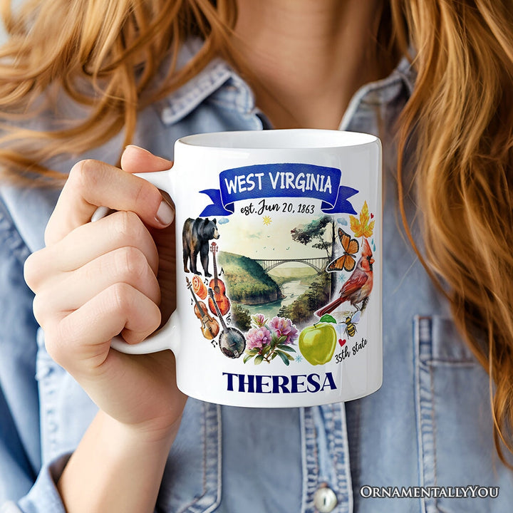 Artistic West Virginia State Themes and Landmarks Personalized Mug With Custom Name Personalized Ceramic Mug OrnamentallyYou