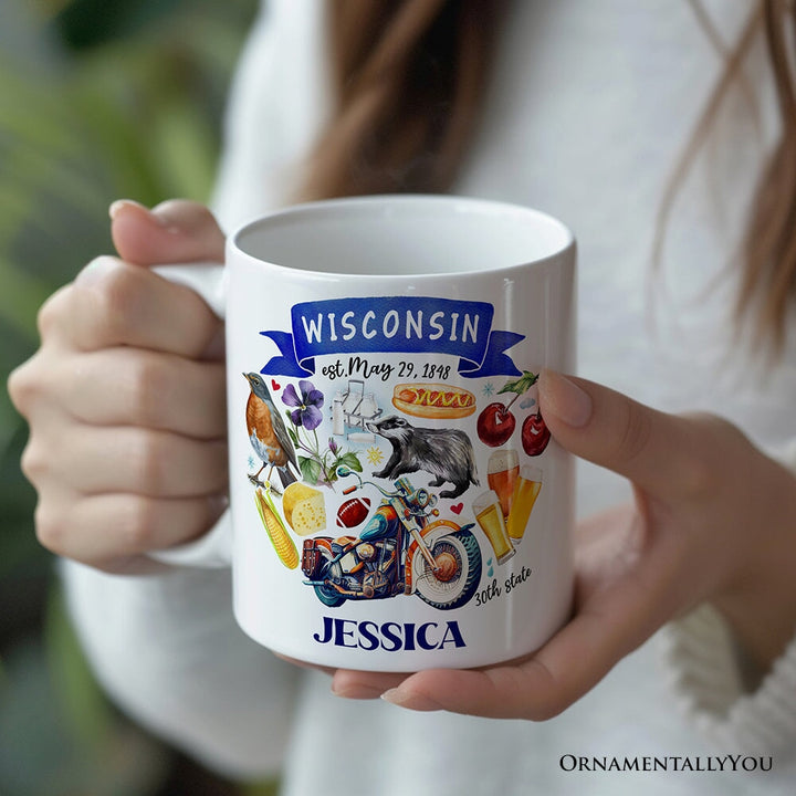 Artistic Wisconsin State Themes and Landmarks Personalized Mug With Custom Name Personalized Ceramic Mug OrnamentallyYou
