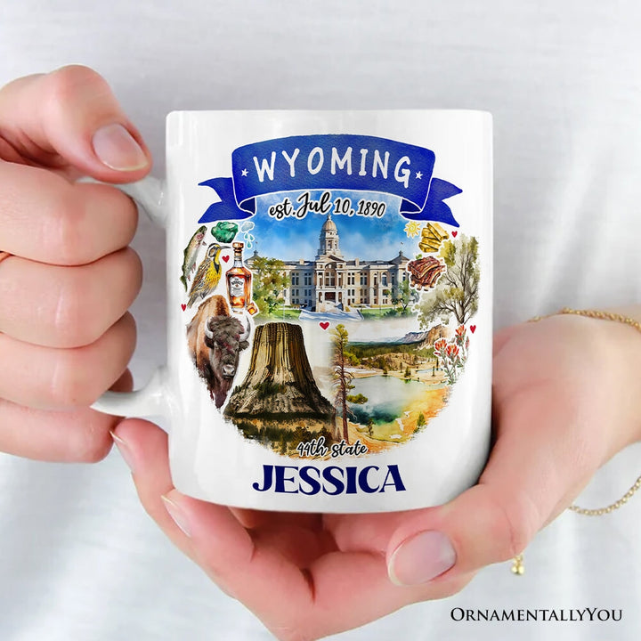Artistic Wyoming State Themes and Landmarks Personalized Mug With Custom Name Personalized Ceramic Mug OrnamentallyYou