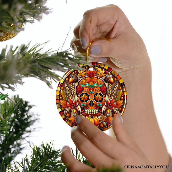 Autumn Harvest Sugar Skull Ornament, Vibrant Fall Foliage Christmas Gift and Decor Ceramic Ornament OrnamentallyYou