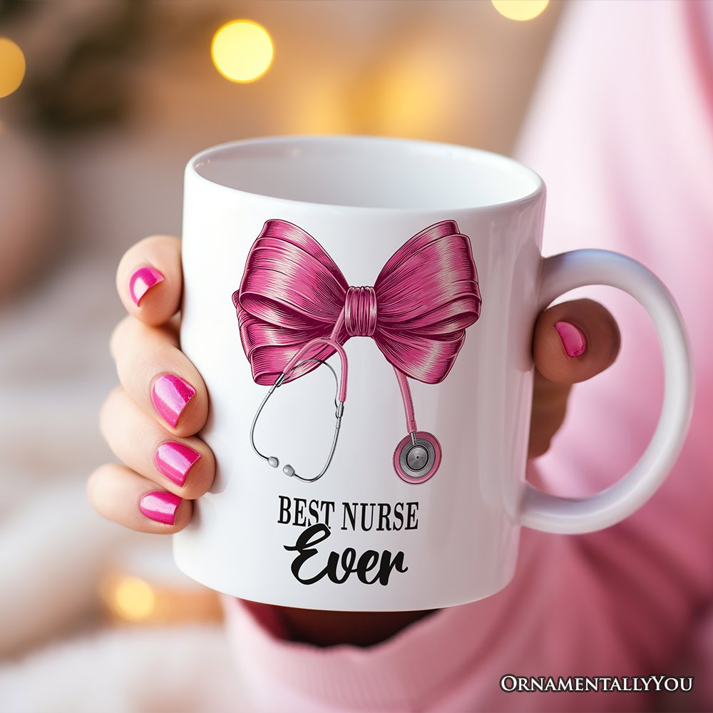 Best Nurse Coquette Pink Bow Personalized Mug, Pink Stethoscope, Gift for Nurse With Custom Name Personalized Ceramic Mug OrnamentallyYou