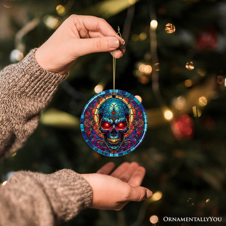 Bone-Chilling Spooky Skull Stained Glass Style Ceramic Ornament, Halloween Themed Christmas Gift and Decor Ceramic Ornament OrnamentallyYou