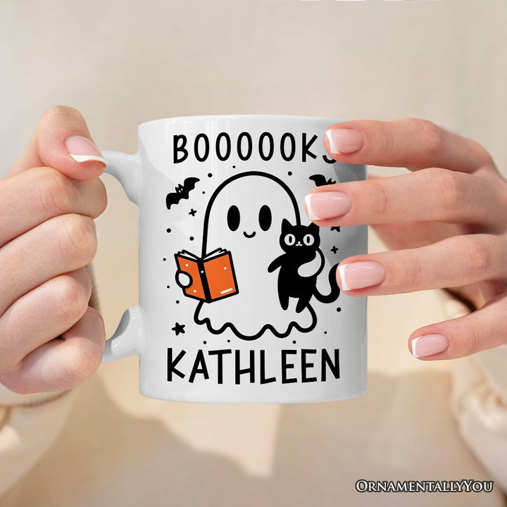 Boooooks and Purrs, Personalized Halloween Mug, Cute Books and Cats Lover Ghost Gift with Custom Name Personalized Ceramic Mug OrnamentallyYou