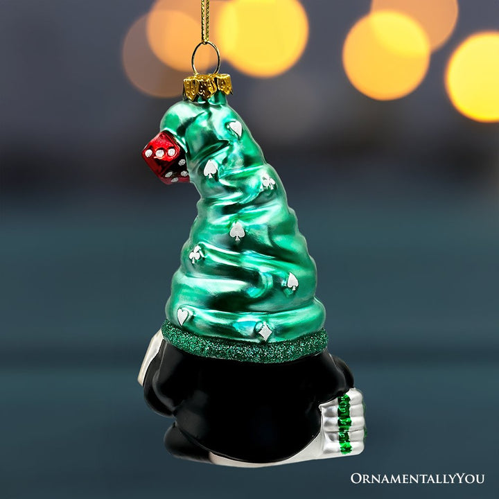 (Pre-Order) Casino Poker Gnome Glass Ornament, Cute Christmas Gambler Glass Ornament OrnamentallyYou