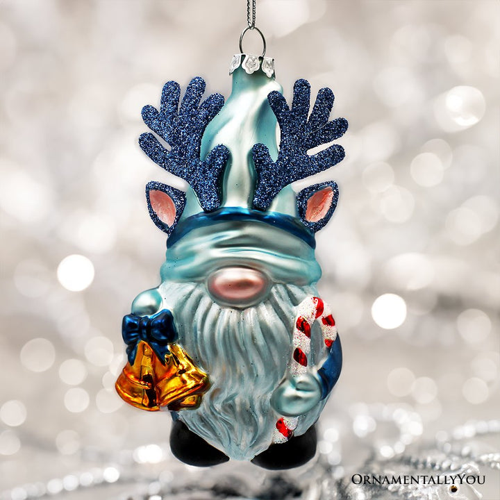 Charming Blue Gnome with Antlers Glass Christmas Ornament Glass Ornament OrnamentallyYou