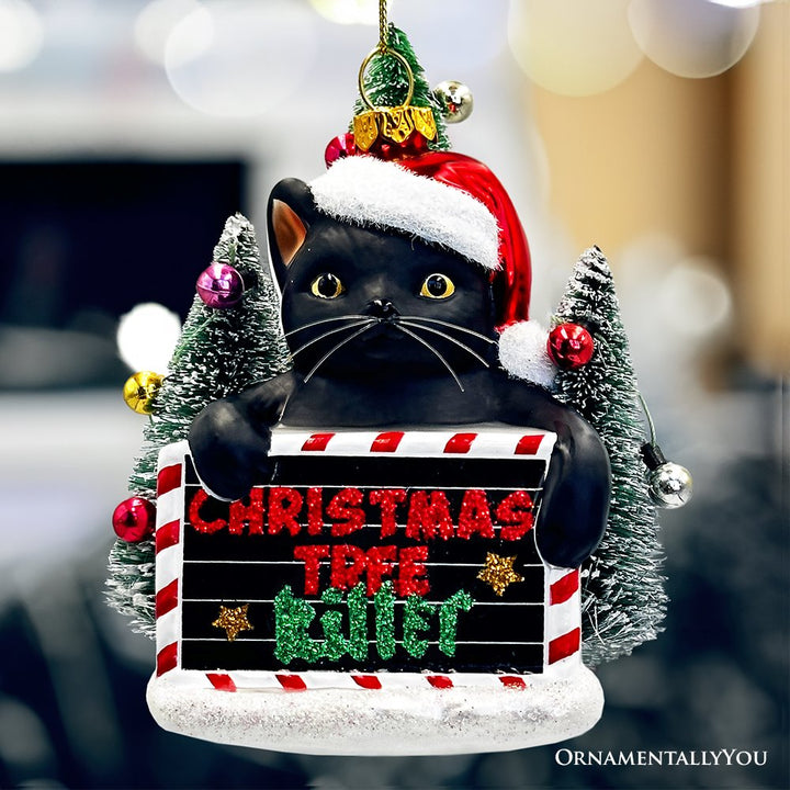 Christmas Tree Killer Funny Black Cat Glass Christmas Ornament, Whimsical Funny Tree Decor Glass Ornament OrnamentallyYou