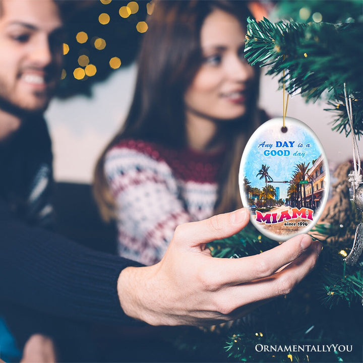 Classic Miami Living Stroll Through Paradise Ornament, Scenic Ocean Drive Artwork Souvenir Ceramic Ornament OrnamentallyYou