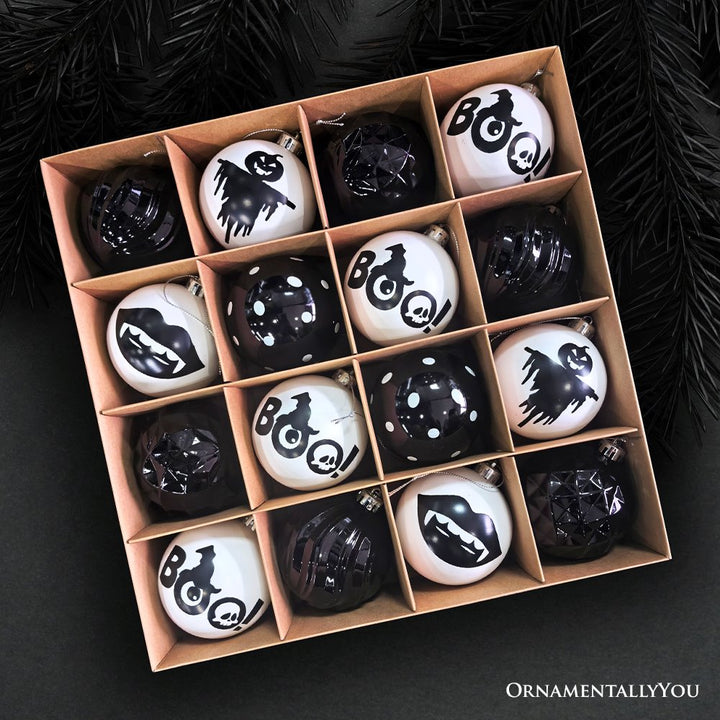 Creepy Boo Assorted 16 Piece Black and White Ornament Bundle, Monochrome 3" Halloween Bauble Set Ornament Bundle OrnamentallyYou
