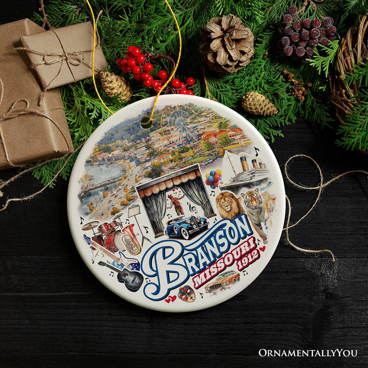 Culturally Vibrant Branson City Ceramic Ornament, Missouri Souvenir and Christmas Tree Decor Ceramic Ornament OrnamentallyYou Circle