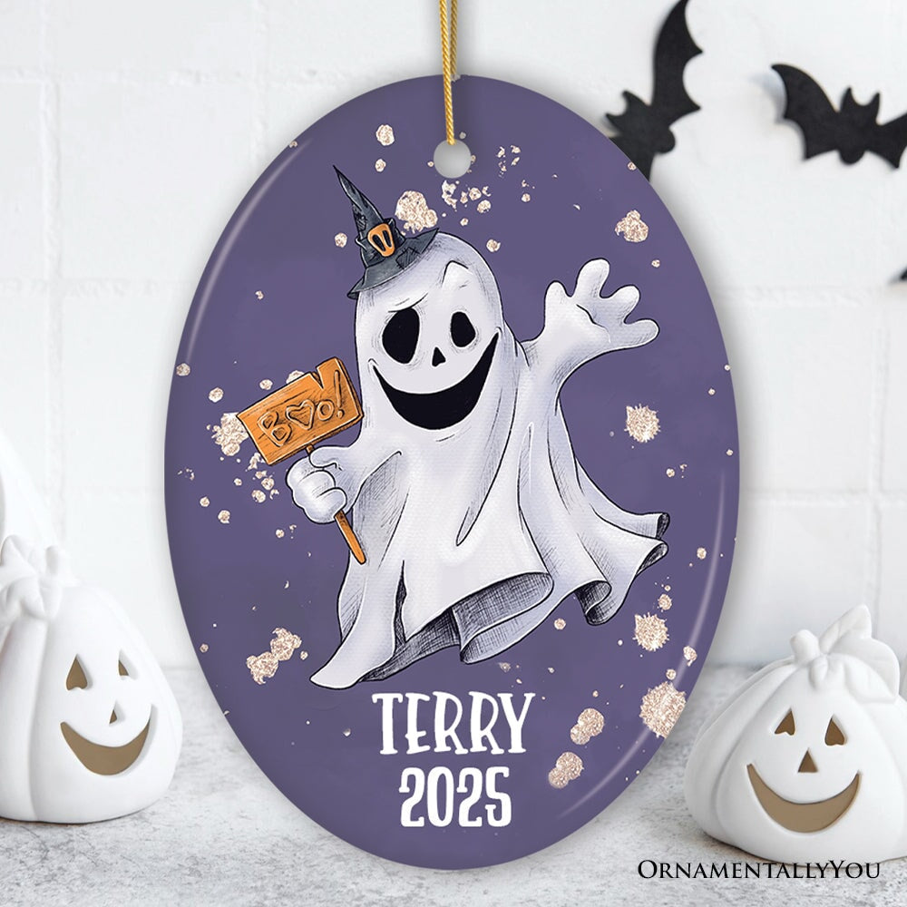 Customized Spooky Ghost Phantom Playful Halloween Ornament Ceramic Ornament OrnamentallyYou Oval