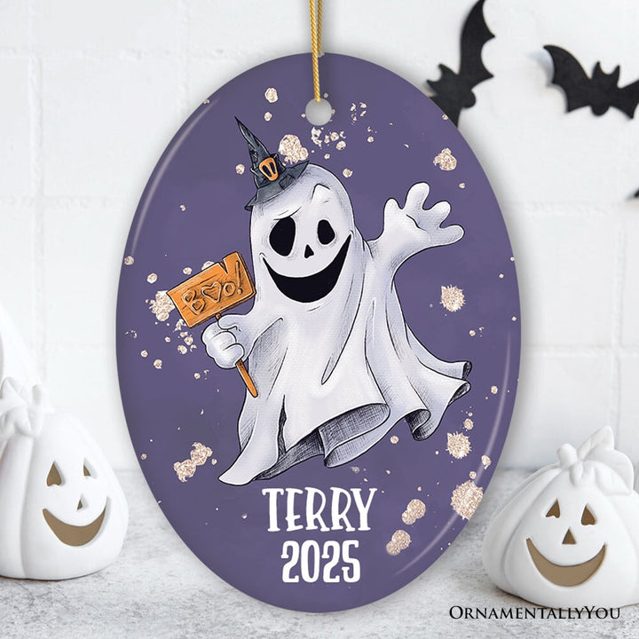 Customized Spooky Ghost Phantom Playful Halloween Ornament Ceramic Ornament OrnamentallyYou Oval
