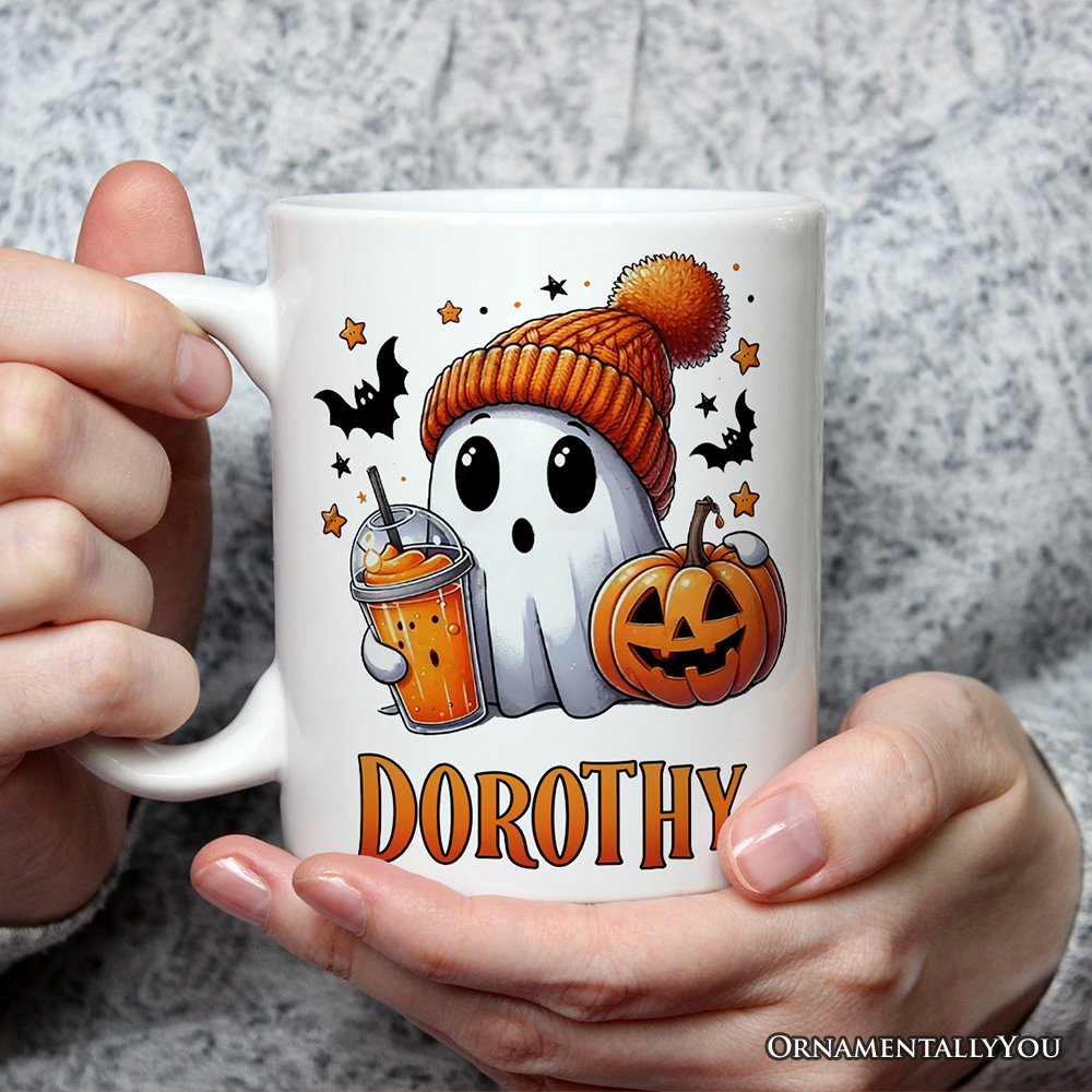 Cute Ghost with Coffee Drink, Personalized Halloween Mug, Fun Boujee Gift with Custom Name Personalized Ceramic Mug OrnamentallyYou