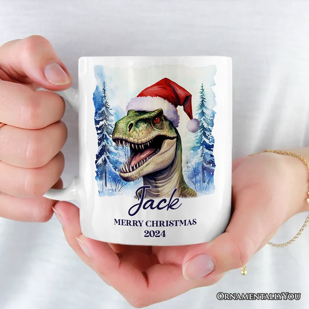 Dinosaur with Santa Hat Personalized Mug, Winter Forest Christmas Gift With Custom Name and Date Personalized Ceramic Mug OrnamentallyYou