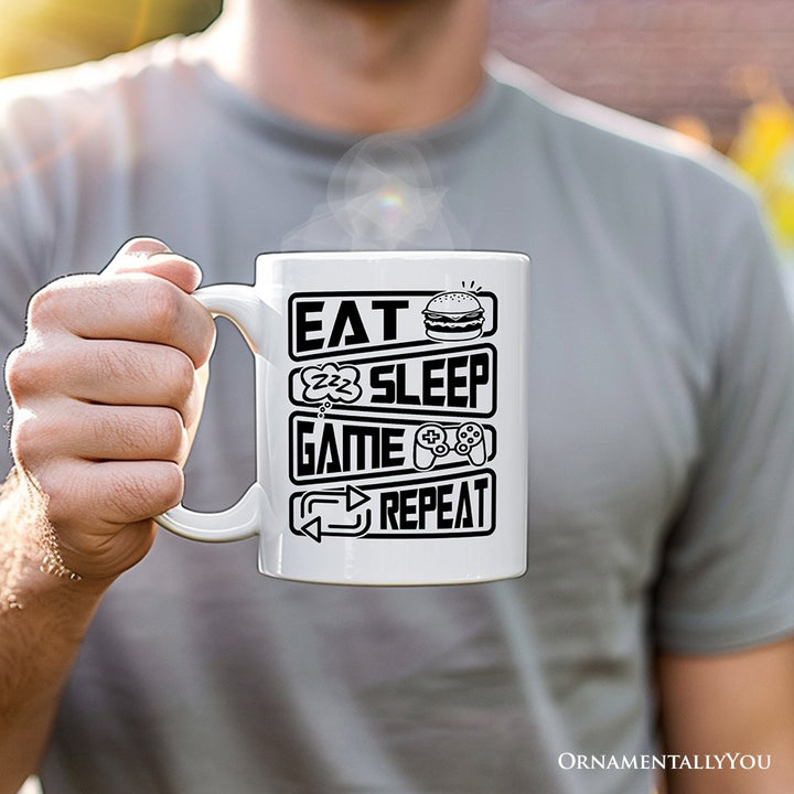 Eat Sleep Game Repeat Personalized Mug, Funny Gamer Gift With Custom Name Personalized Ceramic Mug OrnamentallyYou