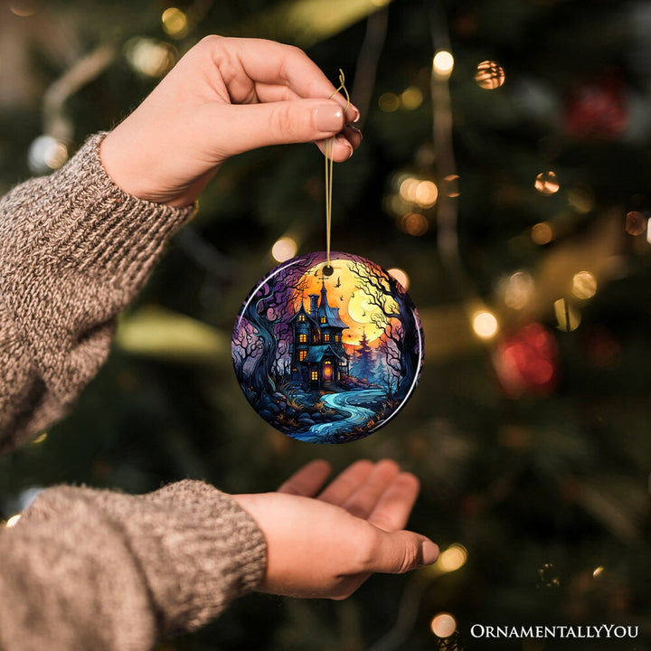 Eerie Abode Amidst Spooky Trees Stained Glass Style Ceramic Ornament, Halloween Themed Christmas Gift and Decor Ceramic Ornament OrnamentallyYou