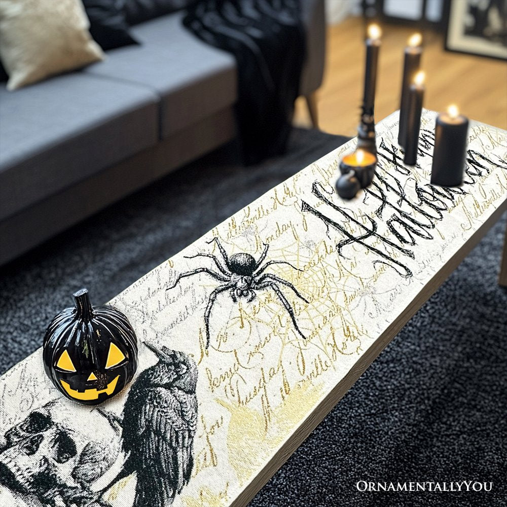 Elegant 72" Gothic Jacquard Table Runner, Halloween Tablecloth with Spider Webs and Black Ravens Table Runner OrnamentallyYou