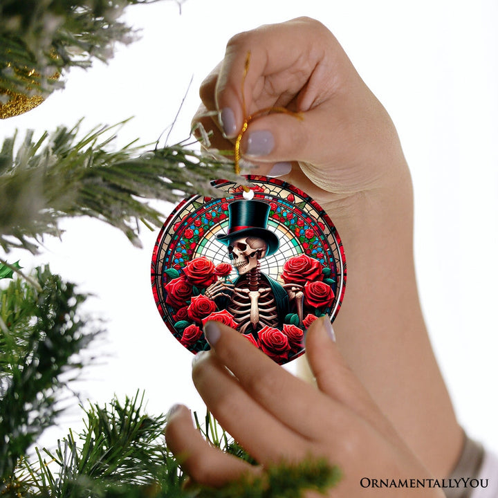 Elegant Bones Top-Hat Skeleton with Roses Stained Glass Style Ceramic Ornament, Halloween Themed Christmas Gift and Decor Ceramic Ornament OrnamentallyYou