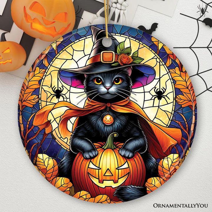 Enchanted Cat Witch Stained Glass Style Ceramic Ornament, Halloween Themed Christmas Gift and Decor Ceramic Ornament OrnamentallyYou Black Cat Version