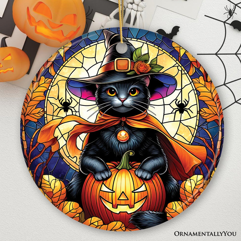 Enchanted Cat Witch Stained Glass Style Ceramic Ornament, Halloween Themed Christmas Gift and Decor Ceramic Ornament OrnamentallyYou Black Cat Version 