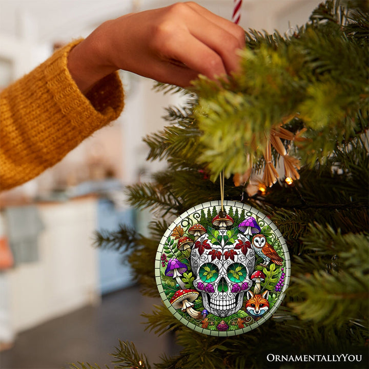 Enchanted Woodland Sugar Skull Ornament, Mystical Forest Christmas Gift and Decor Ceramic Ornament OrnamentallyYou