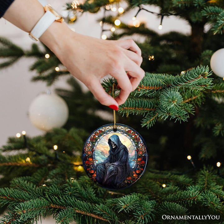 Ethereal Revenant: Halloween Angel of Death Stained Glass Style Ceramic Ornament, Halloween Themed Christmas Gift Ceramic Ornament OrnamentallyYou