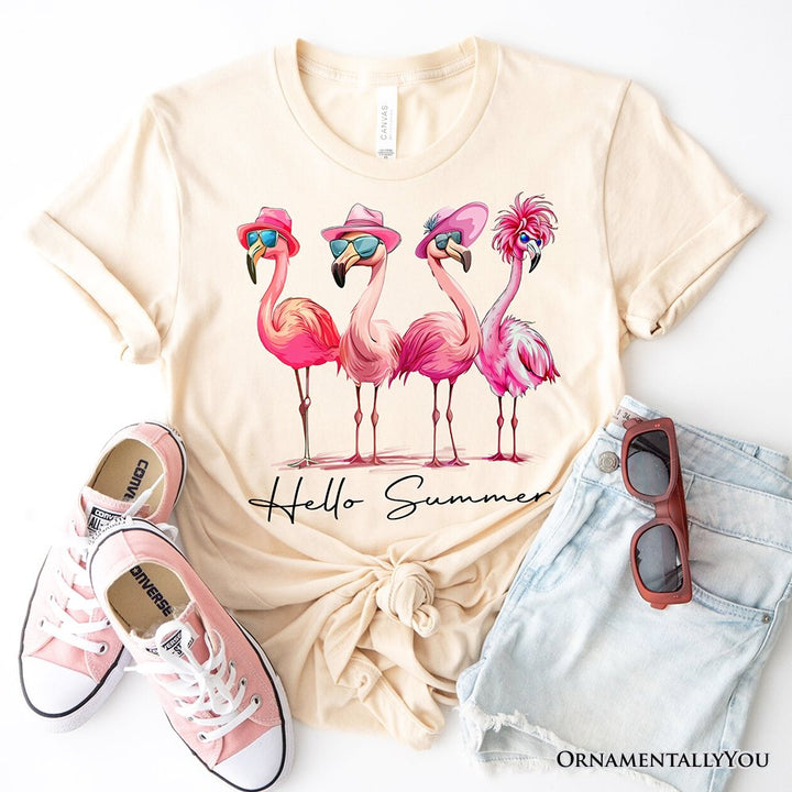 Flamingo Hello Summer T-Shirt, White and Natural Retro Tee with Tropical Birds T-Shirts OrnamentallyYou Natural XS