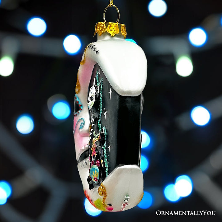 (Pre-Order) Folkloric Siamese Cat Sugar Skull Glass Ornament, Celestial Crescent Moon Halloween Decor Glass Ornament OrnamentallyYou