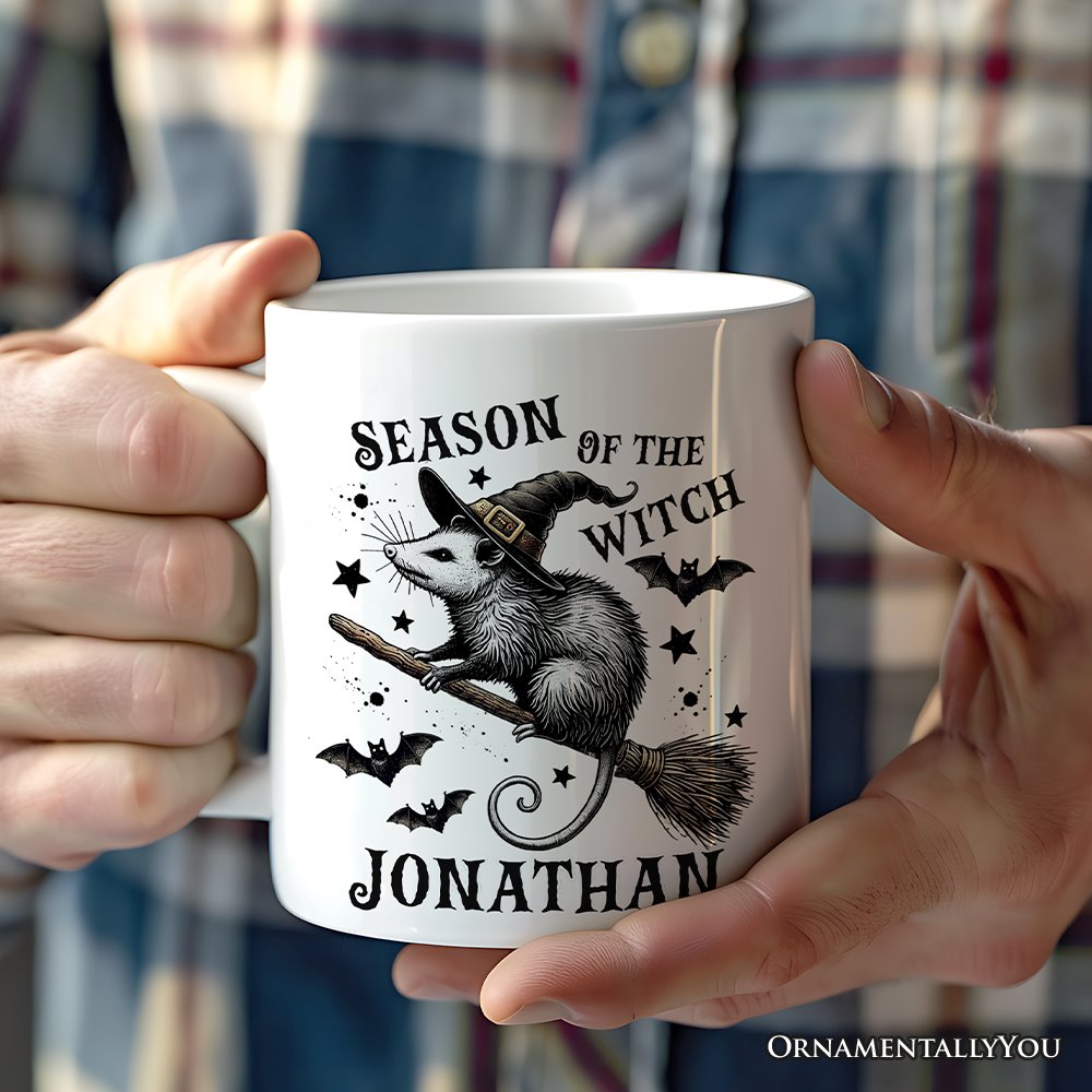 Funny Opossum Witch with Broom Personalized Mug, Vintage Halloween Gift with Custom Name Personalized Ceramic Mug OrnamentallyYou