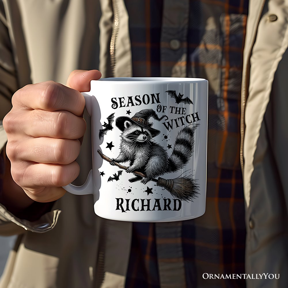 Funny Racoon Witch with Broom Personalized Mug, Halloween and Racoon Lover Gift Personalized Ceramic Mug OrnamentallyYou