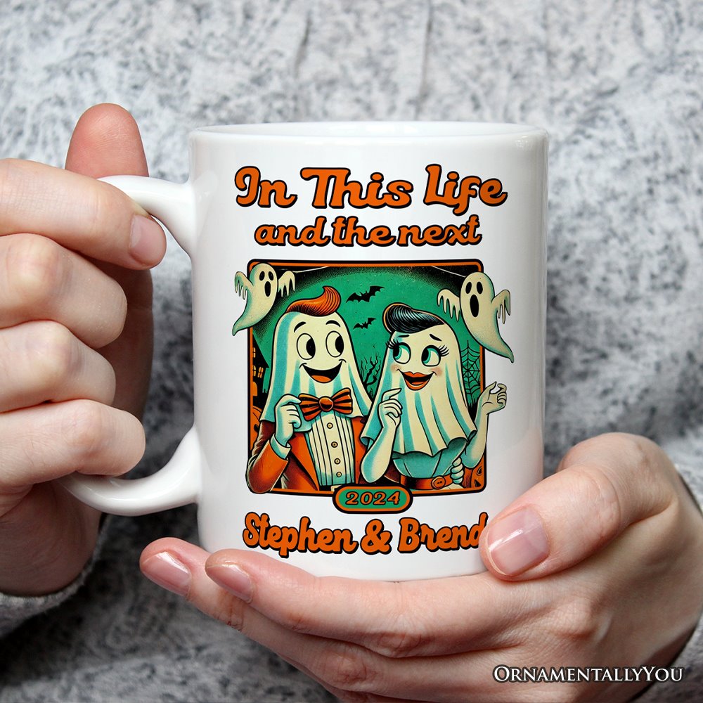 Ghost Lovers Through Next Lives, Personalized Halloween Mug, Retro Gift for Couples Personalized Ceramic Mug OrnamentallyYou