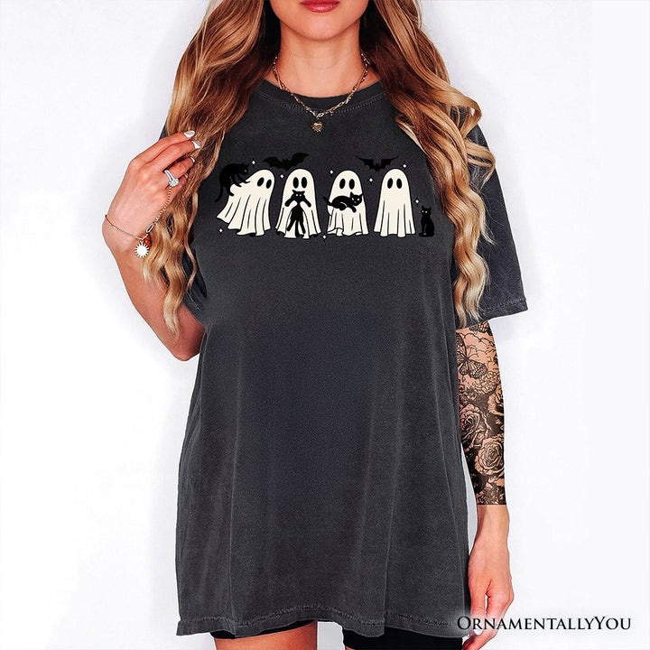 Ghosts and Cats Spooky T-Shirt, Whimsical Halloween Tee for Cozy Autumn Season T-Shirts OrnamentallyYou