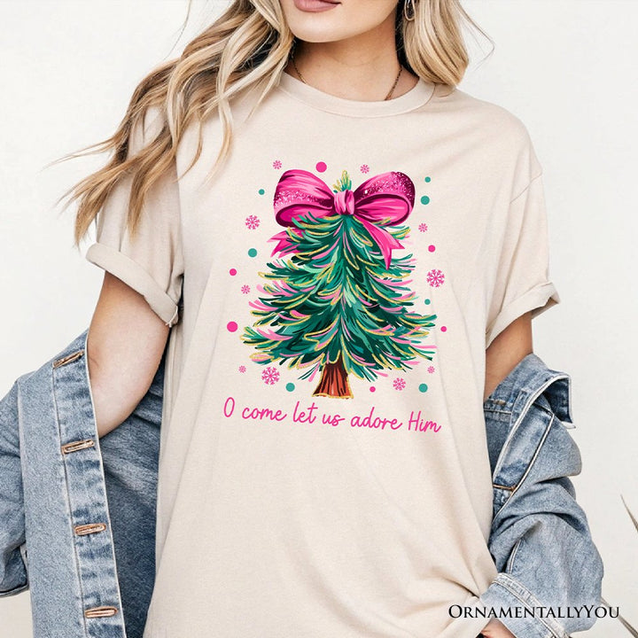 Glitter Christmas Tree Coquette Bow T‑Shirt, O Come Let Us Adore Him Holiday Tee T-Shirts OrnamentallyYou