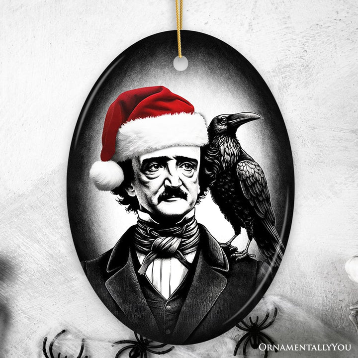 Gothic Edgar Allan Poe with Santa Hat And Raven Ornament, Spooky Halloween Tree Christmas Decor Ceramic Ornament OrnamentallyYou Oval