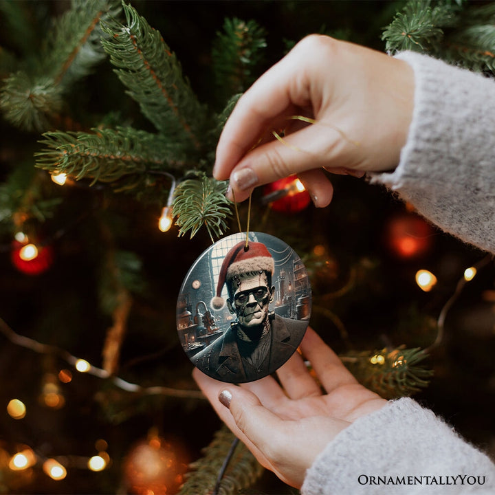Grotesque Frankenstein with Santa Hat Ornament, Spooky Holiday Gift for Horror Fans Ceramic Ornament OrnamentallyYou