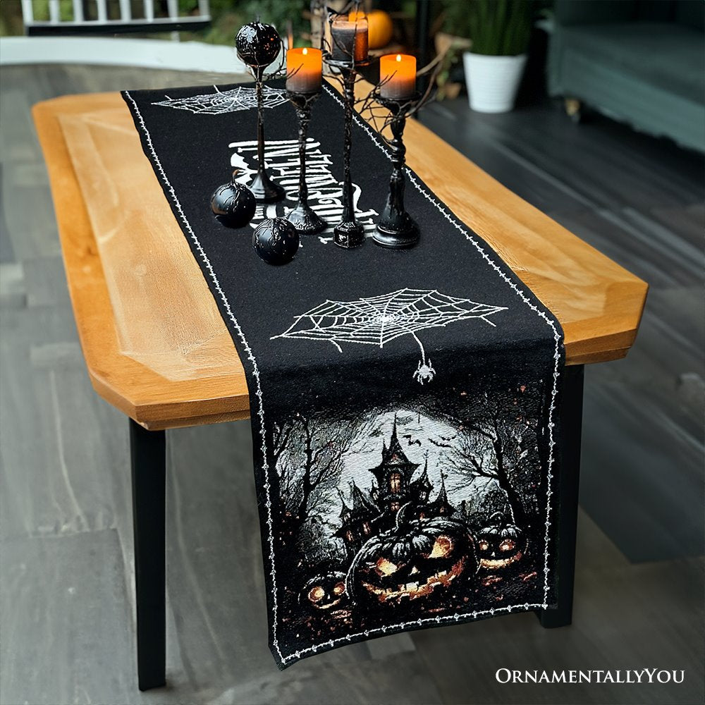 Haunted Horrors 72" Table Runner, Jacquard Halloween Home Black Tablecloth Decoration with Pumpkins and Spiderwebs Table Runner OrnamentallyYou