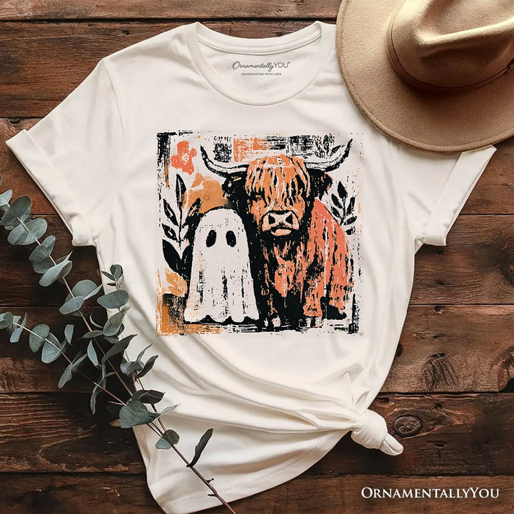 Highland Cow Ghost Fall T-Shirt, Spooky Season Halloween Tee T-Shirts OrnamentallyYou Natural XS
